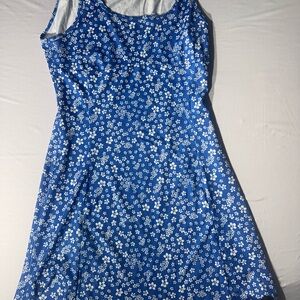 Blue Floral Sleeveless Dress with White Blossom Print